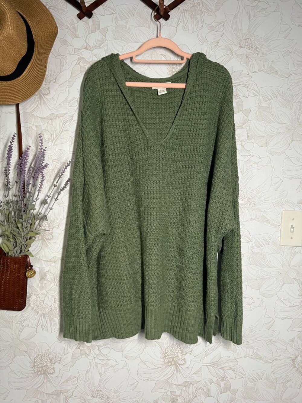 Rachel Zoe Green Waffle Knit Hoodie Sweater 3X Cotton Blend Long Sleeve